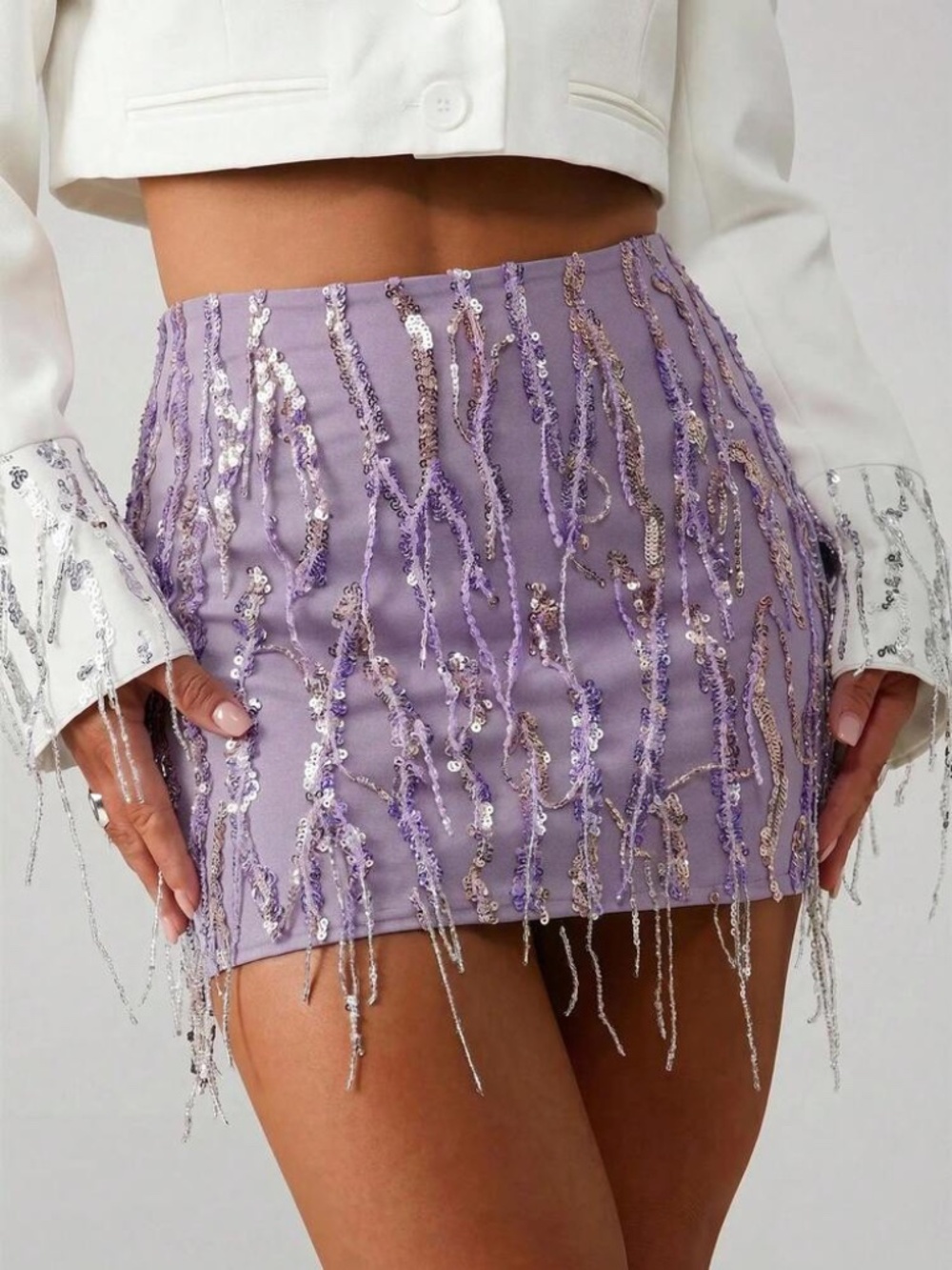 NWT Purple Sequin Tassel Mini Skirt | Size Large